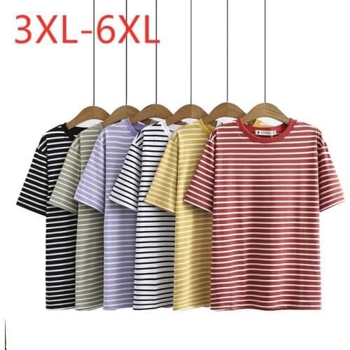 New 2021 Ladies Summer Plus Size Tops For Women Large Short Sleeve Loose Cotton Red Black Stripe O-neck T-shirt 3XL 4XL 5XL 6XL