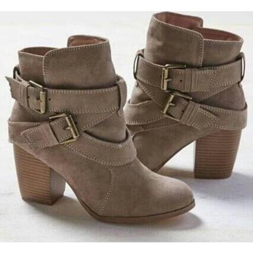 Women Boots Ladies Casual Boots Suede Leather Square High Heels Shoes Woman Ankle Snow Boots Plus Size Botas Mujer 698