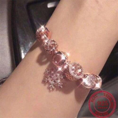 925 Sterling Silver Bracelet Rose Gold 18k Gold Pink Cat Eye Snowflake Hanging Fixed Button Pendant Snake Bone Chain Set Female