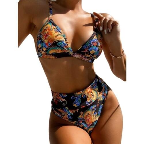 2021 Summer Women Sexy 2 Piece Bikini Sets Color Stripe Edge Decor Triangle Bra High Waist Tankini Swimwear Beachwear