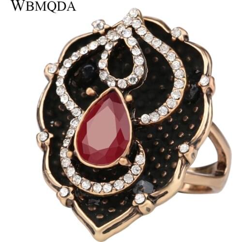 Hot Bohemian Style Retro Black Crystal Ring Vintage Gold Color Red Resin Rings For Women Indian Jewelry Free Shipping