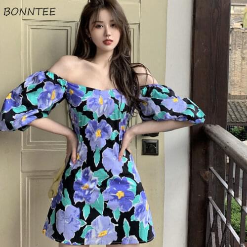 Dresses Women Puff Sleeve Print Slash Neck Elegant Holiday Popular Teens Classic Vintage French Style Sexy Female Vestidos Party