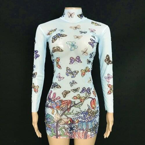 2021 Transparent Blue Butterfly Flowers Dress Stage Singer Rhinestone Costume Sexy Evening Dance Party Short Dress