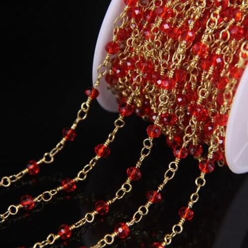 5Meters Clear Red Glass 3x4mm Faceted Rondelle Rosary Chains Supplies,Gold Plated Wire Wrapped Beaded Chains Necklace Jewelry