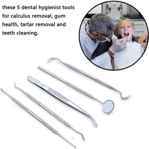 5Pcs Stainless Steel Dental Tool Mirror Tweezers Probe Explorer Tooth Stains Plaque Tartar Calculus Remover Oral Hygiene Care