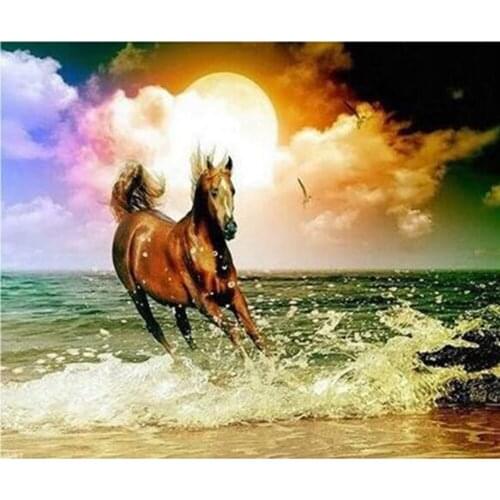 5D DIY Full Round Diamond Painting "Steed"Cross Stitch 3D Embroidery Sunset Scenery Rhinestone Mosaic Home Decor Art