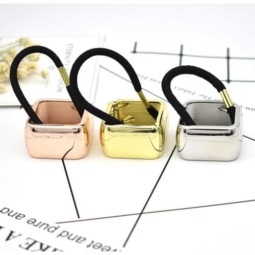 60pcs/lot Metal Square Horsetail Buckle Punk Hair Bands Elasticity Rubber Band Hair Styling Tools Accessories HA1192