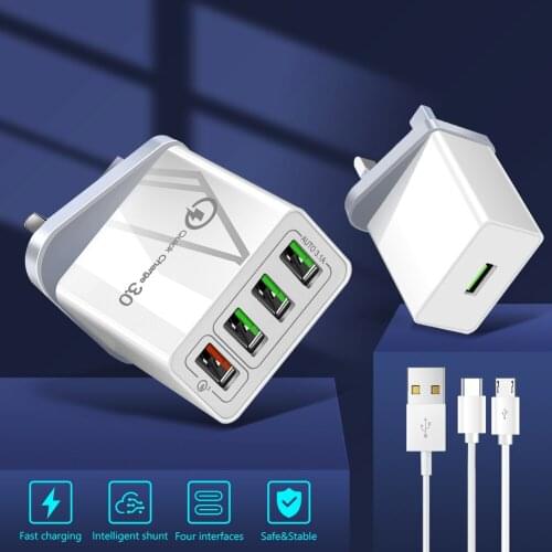 5V 3.0A 2.4A UK Plug USB Charging 1/4 Ports Power Adapter With Cable For Home Travel Wall Charger For Iphone Android Cell Phone