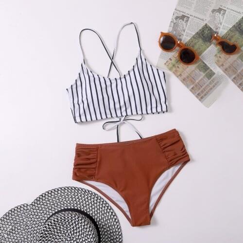 2021 Sports Tube Top Push-up Bikini Womens Striped Printing Padded Push Up 2 Piece Drawstring Bikini Sets Swimsuits Beachwear