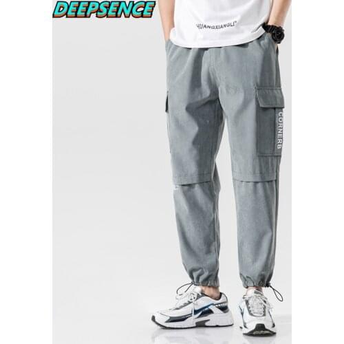 2021 New Four Seasons Polyesterh Hip Hop Casual Mid Cargo Pants Men Pockets Drawstring Loose Fit Ankle Length Pants Men
