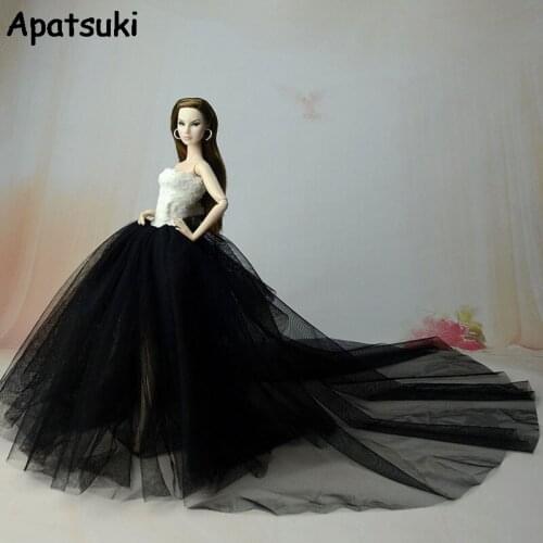 Black Party Dress For Barbie Doll 1:6 Doll Accessories High Quality Long Tail Evening Gown Doll Clothes Wedding Dresses +Veil
