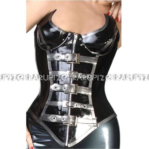 Black And Sliver Stripes Sexy Latex Corsets With Cup Shape Front Zippers Decoration Lacing Back Rubber Bustiers Top CY-0030