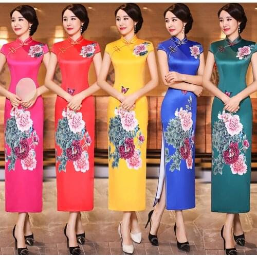 FZSLCYIYI 5 color Silk Cheongsam Dresses Retro Flower butterfly Printing Long Qipao Casual Ladies Chinese Cheongsam Dress 4XL