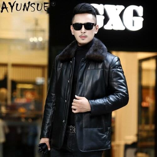 AYUNSUE Genuine Sheepskin Leather Jacket Men Winter Mens Down Jackets Real Mink Fur Collar Coat Male Chaqueta Hombre LXR887
