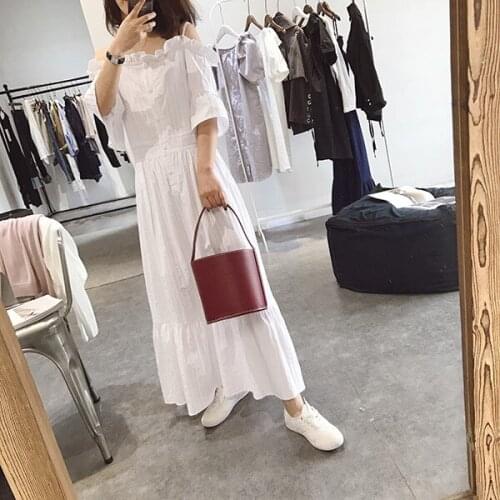 Shoulderless Maternity Cotton Sweet Summer Dress Short Sleeve Strap High Waist Single-breasted High Waist Pregnancy Maxi Dress