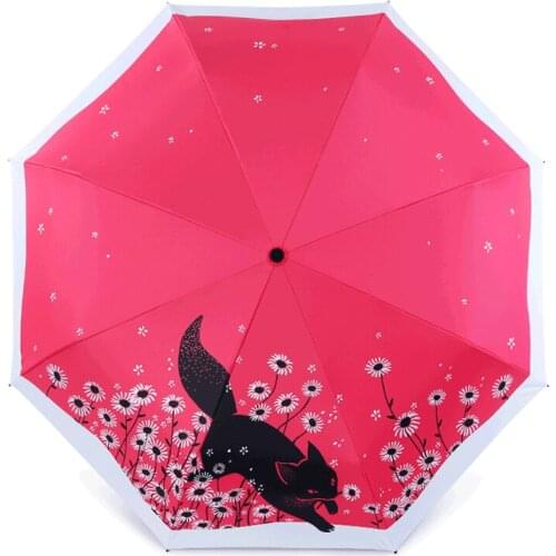 Fashion Art Illustration Umbrella Cartoon Cat & Flower Pattern 4 Folding Thickening 8 Rib Sunshade Women Umbrellas Guarda Chuva