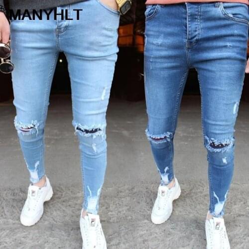 Mens Clothing New Skinny Slim-fitting Jeans With Ripped Knees Welting Decoration Fashionable Casual Pants High Street Style
