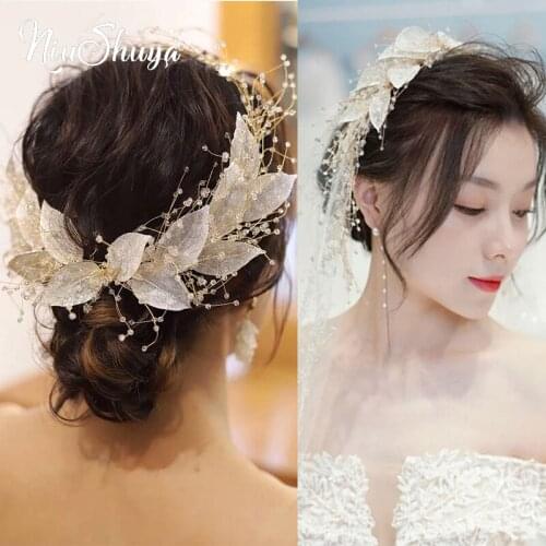 NiuShuya Fairy Handmade Big white Leaves Bridal Wedding Hairband Accessories Crystal Wedding Hair Jewelry Bride Accessories