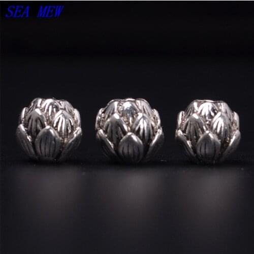 SEA MEW 20 PCS 9mm Vintage Alloy Tibetan Silver color Spacer Beads Lotus Flower Beads Cap For Jewelry Making 9.4mm*6mm