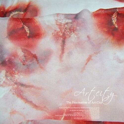 Silk Georgette Chiffon Fabric White Refreshing Red Flower 100% Pleated Thin Transparent Skirt Scarf