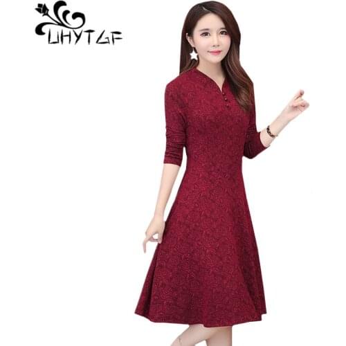 UHYTGF New Female autumn dress Medium long retro casual dress V-neck bohemian dresses elegant ladies plus size party dresses1296