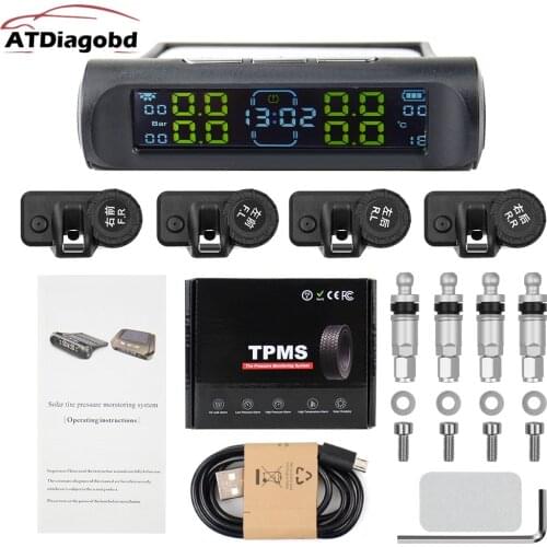 Universal TPMS Wireless Tire Pressure Monitoring System Solar Power Clock LCD Display 4 External Sensor Tire Pressure Sensors