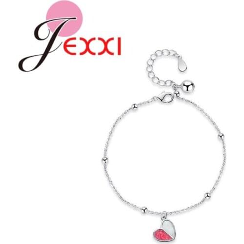 Thin Chains with Metal Balls Design Women Girls Red Heart Trendy Genuine 925 Sterling Silver Bangles Bracelets Party Gifts
