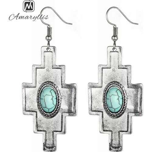 Amaiyllis Ethnic Turquoises Drop Earrings For Women Bohemia Geometric Stone Dangle Earrings Retro Pendientes Earrings Brincos