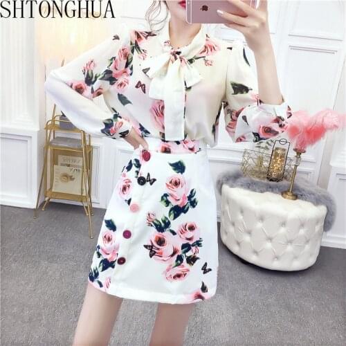 2020 Spring Fashion Rose Printed Women Suit Puff Sleeve Chiffon Shirt Top + High Waist Skirt Suit 2 Pieces Set
