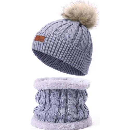 2Pcs Toddler Hat Baby Girls Boys Winter Warm Knitted Hemming Hat Winter Pompom Hat Unisex Kid Kintted Beanie Hat Plush Bib Scarf