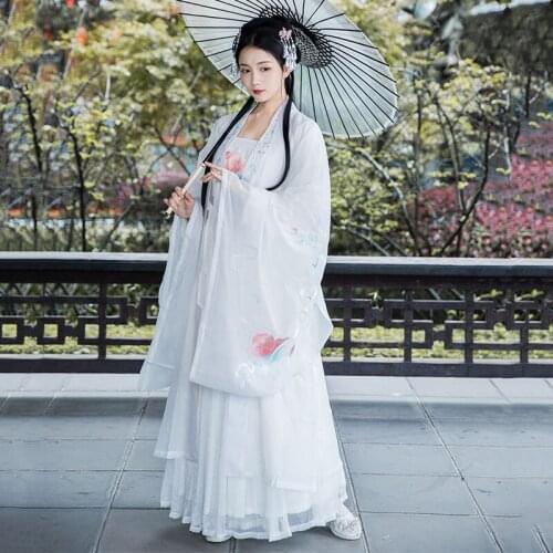 2020 Chinese White Hanfu Clothes For Women Cosplay Princess Dress Fairy Wear Festival Show National Hanfu Folk Dance Costume 766