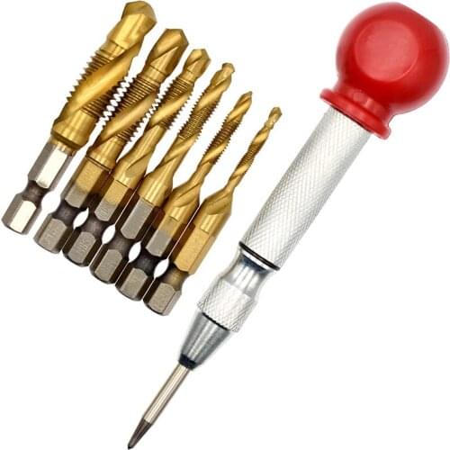 7 Pcs 1/4 Inch Metric Thread Tap HSS Spiral Hex Shank Combination Drill Screw Tap Bit Set with Automatic Center Punch