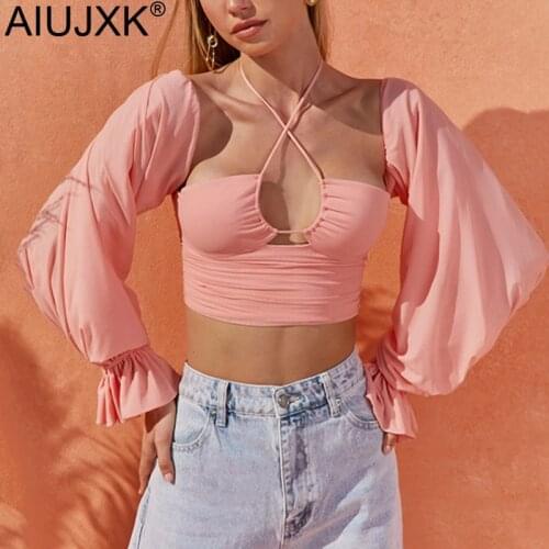 AIUJXK Womens Fashion Sexy Lantern Long Sleeve Halter T Shirt Summer Sexy Backless Crop Top 2021 New Tshirt Women Skinny Solid