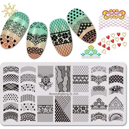 BEAUTYBIGBANG 1Pc Lace Love Star Flower Four-leaf Clover Theme Nail Stamping Plate Rectangle Template Nail Art Stamp Plate