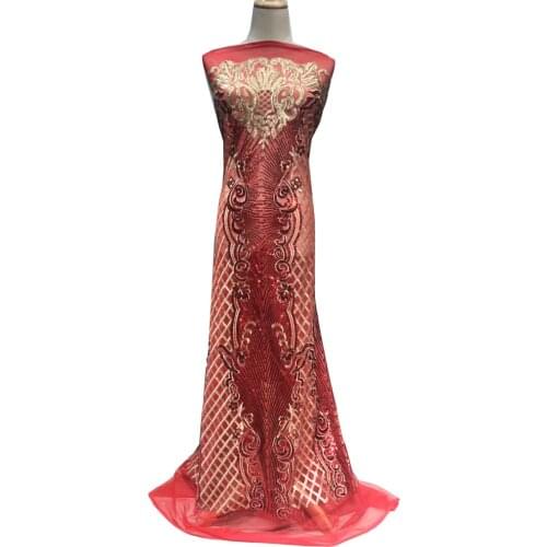 Free shipping (5yards/pc) high quality red gold African sequins lace fabric shining French lace fabric for party dress FNS124