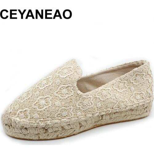 CEYANEAO Women Fashion Handmade Lace Espadrilles Slip on Casual Canvas Loafers Ladies Flat platform ShoesE2112