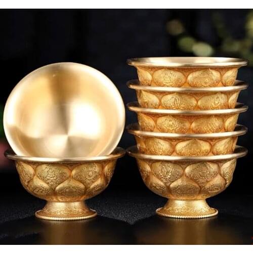 Engraving Pure Copper Drinking Bowl Pure Brass Auspicious Tibetan Holy Water Cup Buddhist Bowl Homes Gift Collection Decorative