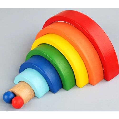 Wooden Seven-Color Rainbow Building Blocks Montessori Early Education Rainbow Jengle Arched Building Block Kids Educatio