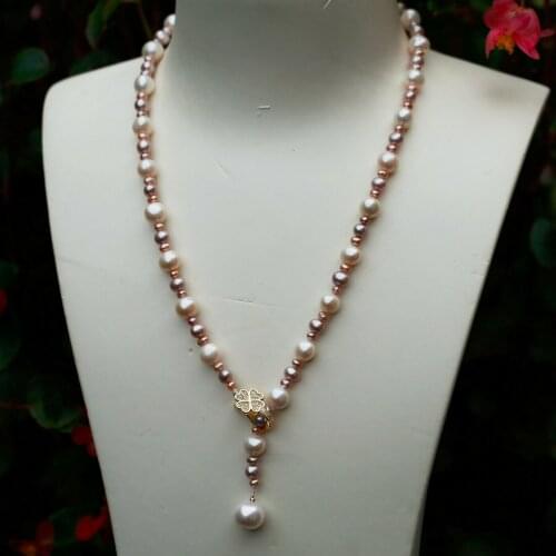 Hot sell white purple freshwater cultured pearl micro inlay zircon buckle flower necklace 50cm long