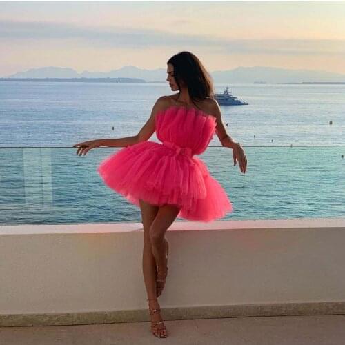 Rose-red Classic Women Dresses Young Lady Strapless Ruffles Tulle Ribbon Trim Bows Lace Mini Skirts With Train Custom Made