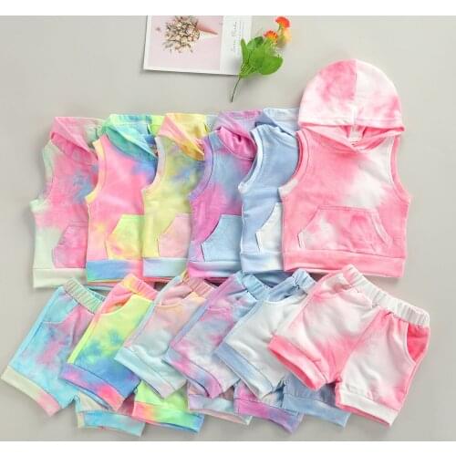 2021 0-3Y Newborn Baby Fashion Clothing Outfit Set Sleeveless Hooded Tie-dye Tops+Shorts Summer Boys Girls Cotton Outfits 2pcs