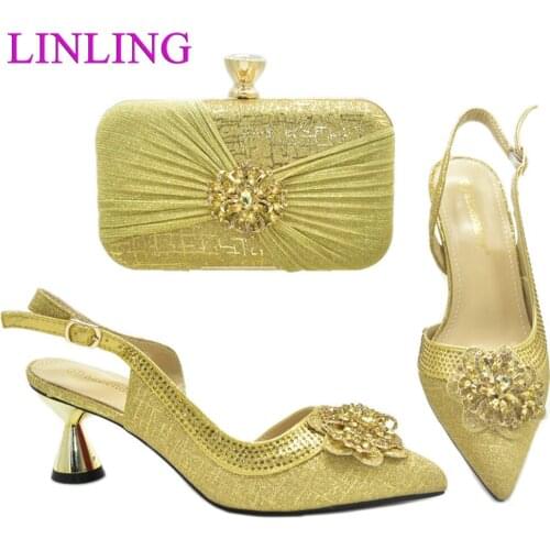 Nigerian Hot Selling Italian Design Golden Color Party Ladies Shoes and Bag Set Decorated With Special Narrow Band and Flower