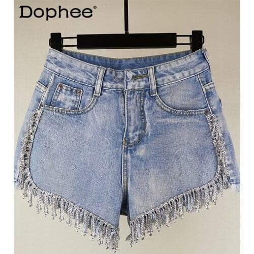 Fashion Trousers Summer New Korean Style Slimming Wide-Leg Pants Rhinestone Tassel Denim Pants High Waist Denim Shorts for Women