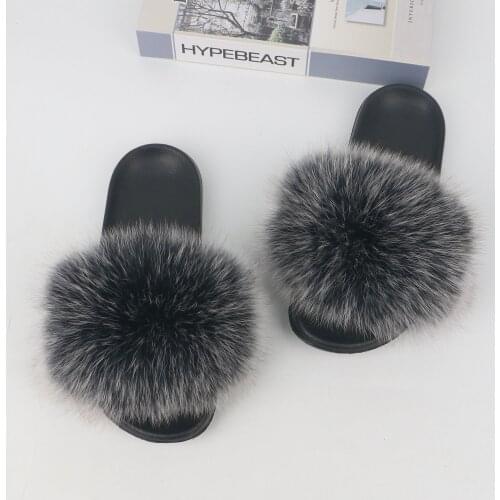 Fashion Luxury Brand Women Slippers Fox Furry Fluffy Plus Size 44 45 Womans Mules Indoor Non-slip Wear Resitant Womans Slipper