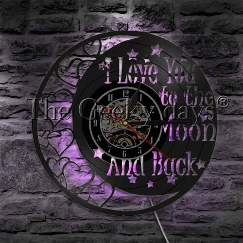I Love You To The Moon And Back Vinyl Record Wall Clock LED Hanging Light Decorative Wall Lamp For Couples Gift