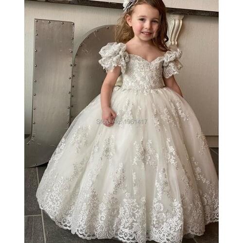 New Customized High Quality Girls First Communion Dress Lace Puffy Tulle Flower Girl Dress Wedding Party Princess Clothes AG0343