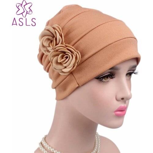 New promotional warm elegant fashion double 3d flower Chemo beanie Cap Sleep comfort Turban Hat Cancer Hair Loss caps for women