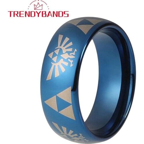 Blue 8MM Laser Engraved Tungsten Rings For Men Women Polished Shiny Comfort Fit