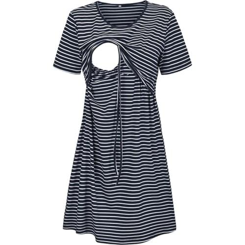 4# Maternity Sleepwear Dress Womens Maternity Short Sleeve Striped Print Nursing Dress For Breastfeeding Для Беременных 2021