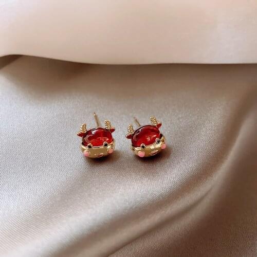 Origin Summer Chinese Style Red Color Cow Stud Earring Temperament Gold Color Resin Cartoon Animals Earring Jewelry Accessories